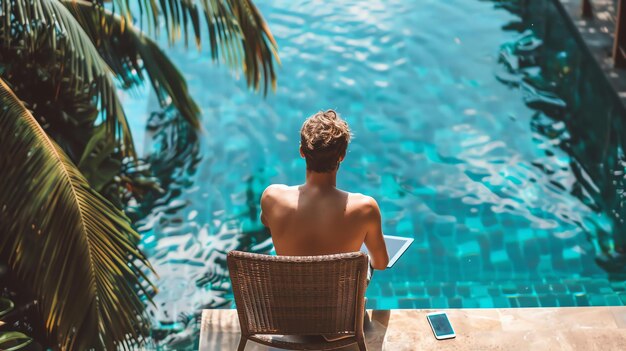 Photo man sitting on a lounge chair by the pool with his feet in the water looking at his tablet there are palm trees in the background