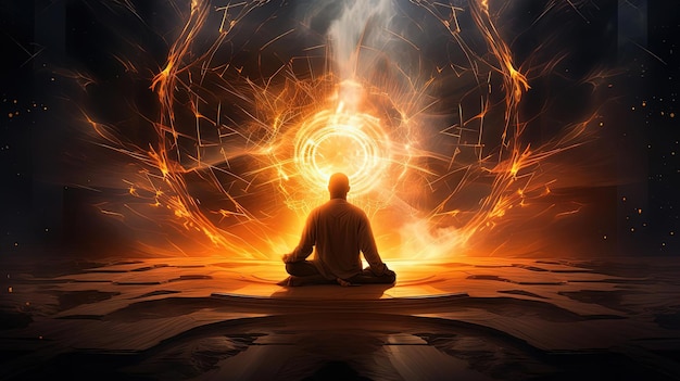 a man sitting in meditation in the bright light of the nebula in the style of dynamic energy flow