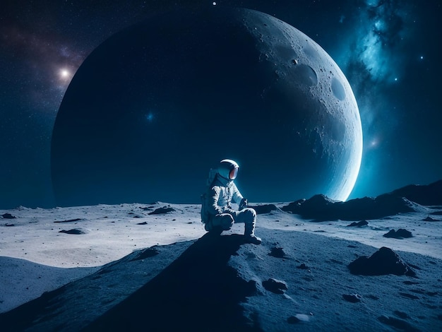 ライトに照らされた月面に座る男性