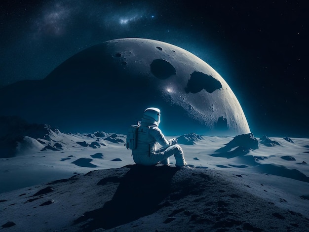 A man sitting on the moons surface illuminated