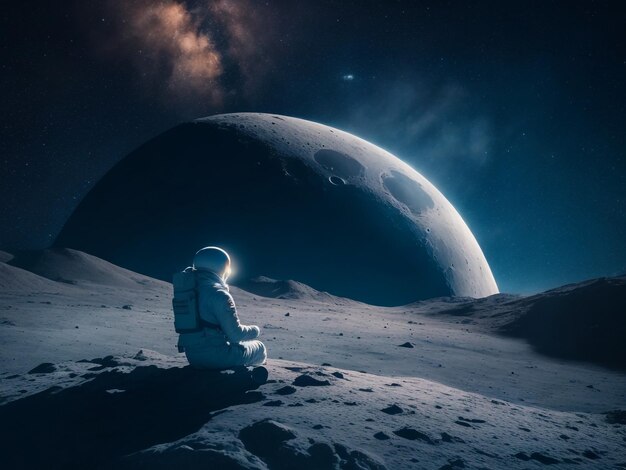 A man sitting on the moons surface illuminated