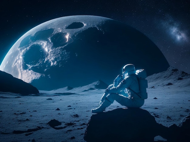 A man sitting on the moons surface illuminated