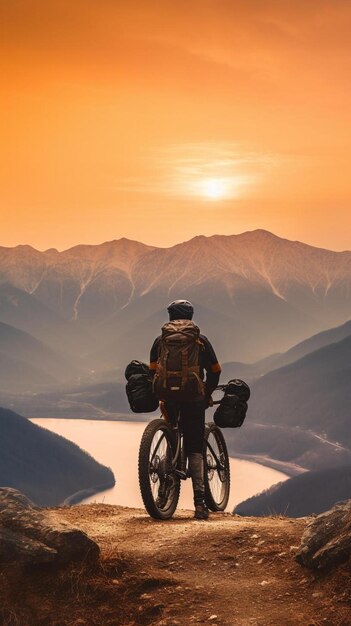 山の頂上でバイクに座っている男性