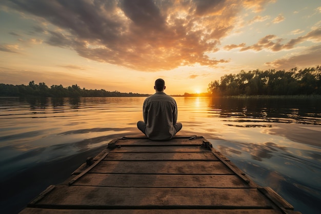 Foto uomo seduto in natura al tramonto vicino al lago