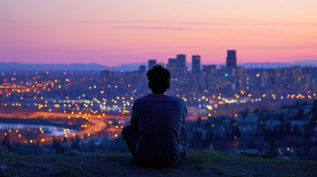 写真 夕暮れに街のスカイラインを見下ろす丘の上に座っている男
