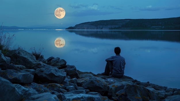 Фото Человек, сидящий на скалистом берегу, восхищаясь полной луной.