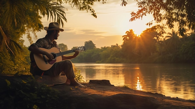 Man sitting outdoors by a river at sunset playing guitar