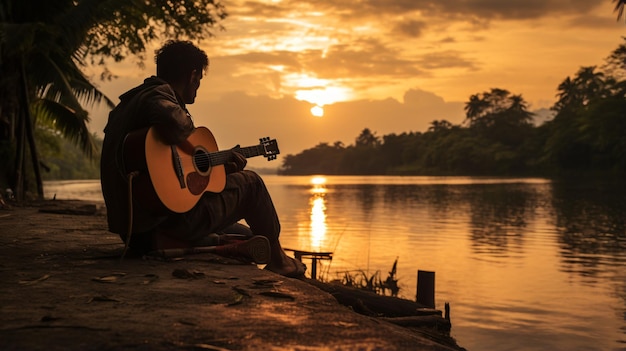 Man sitting outdoors by a river at sunset playing guitar