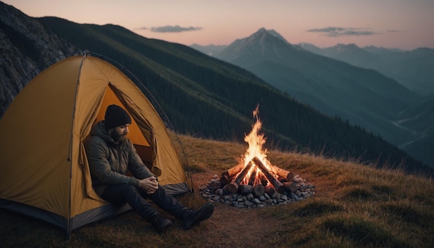 Foto uomo seduto fuori da una tenda di fronte al fuoco su una montagna