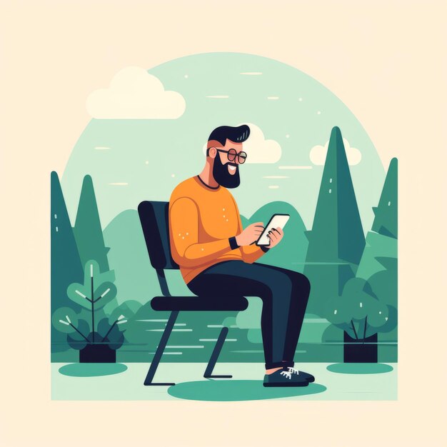 A man sitting on a park bench using his cell phone while enjoying the tranquility of nature flat