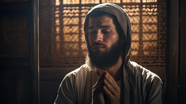 손을 접은 채 퓨에 앉아 있는 남자 Eid