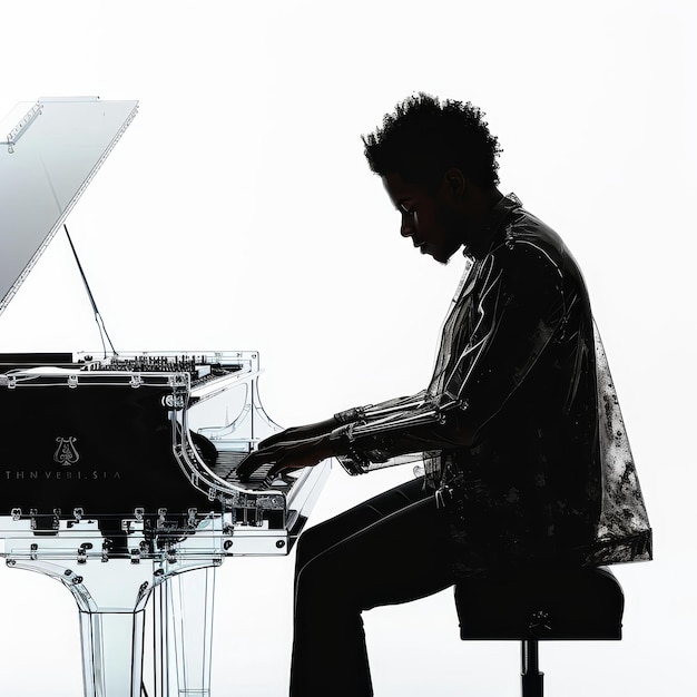 Man Sitting at Piano in Front of White Background