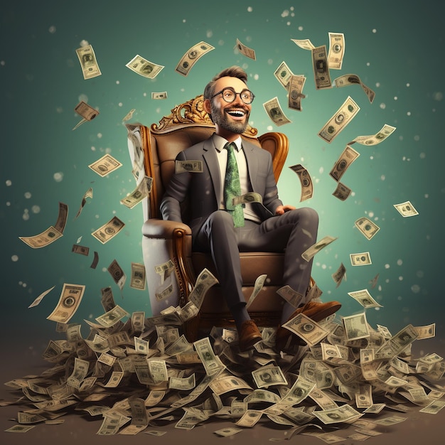 Man sitting on a pile of bills dollars