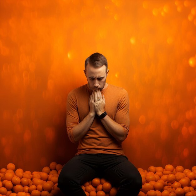 オレンジの山に座る男性