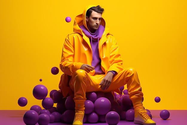 A man sitting on a pile of purple balls