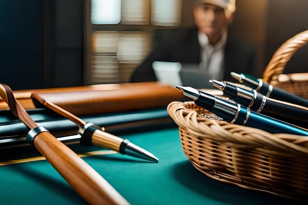 Photo a man sitting at a pool table with a basket of pool balls and a pen.