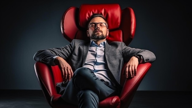 a man sitting in a red chair in a dark room