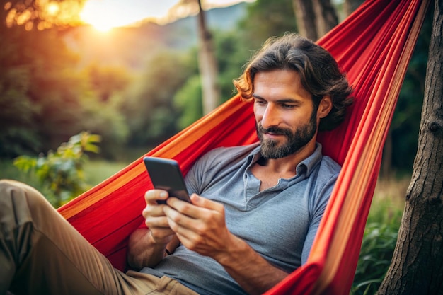 man sitting in red hammock and looking to his mobile