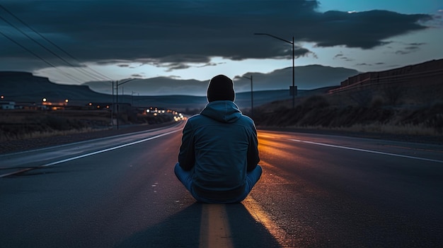 Человек, сидящий на дороге в вечернее время