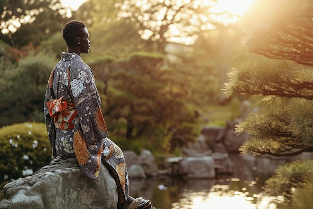 a man sitting on a rock in a japanese garden