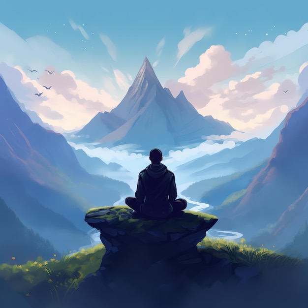 A man sitting on a rock looking at a mountain.