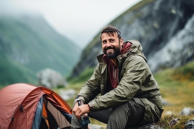 a man sitting on a rock next to a tent