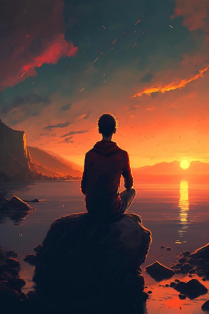 Man sitting on a rock watching the sunset generative ai