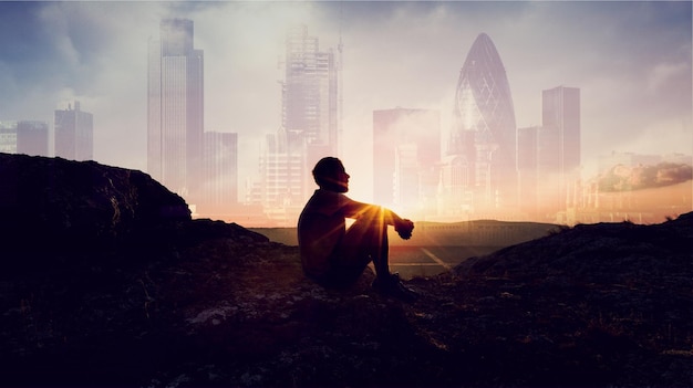 Man Sitting on Rocks