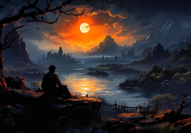 岩の多い海岸に座って月を眺める男性
