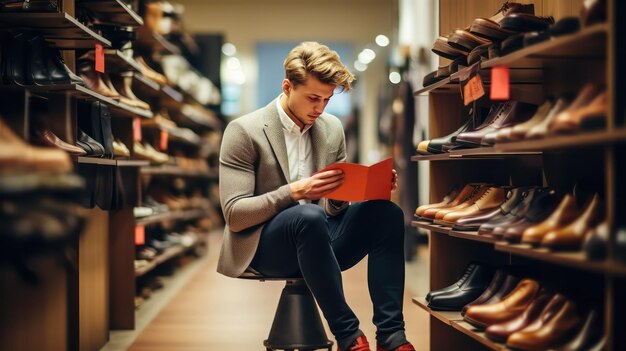 Photo man sitting in shoe shop