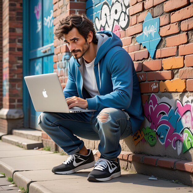 a man sitting on the sidewalk using his laptop