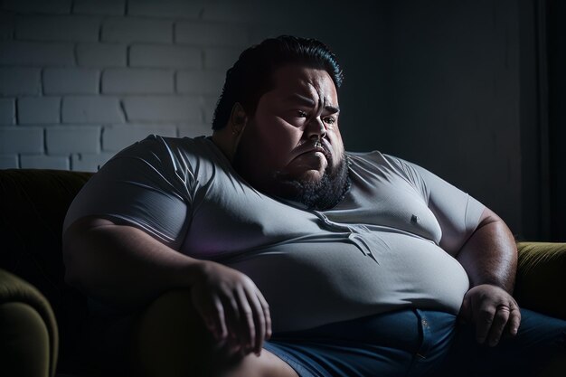 Photo man sitting on sofa at home generative ai