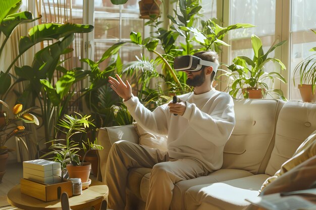 Foto un uomo seduto sul divano a casa con gli occhiali vr