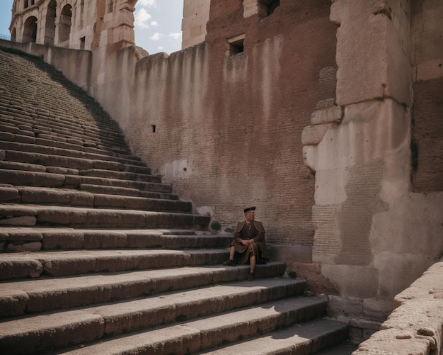 a man sitting on the steps of a building with a soldier sitting on the steps.