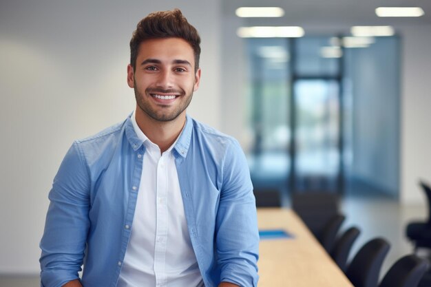 Photo man sitting at table in blue shirt