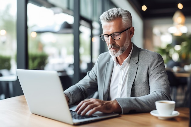 Man sitting at table in cafe and using laptop computer