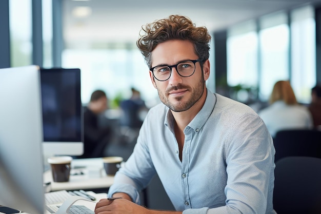 Man sitting at table in cafe and using laptop computer