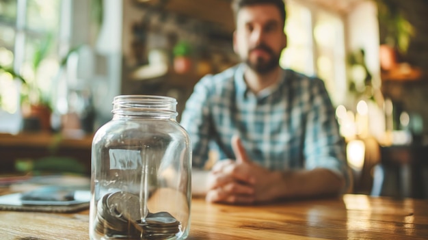 Photo man sitting at table in front of jar of coins money last money from piggy bank financial crisis calculation of family expenses difficult period of life