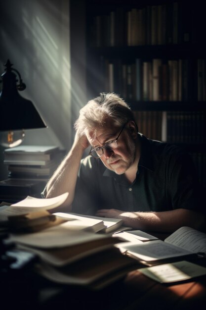 Photo a man sitting at a table in front of a pile of books generative ai image