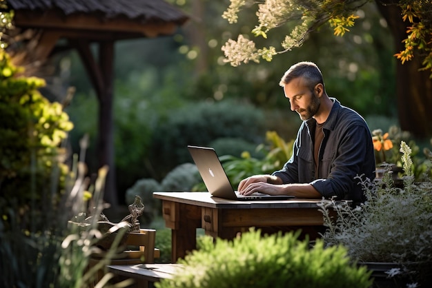 A man sitting on a table outside using a laptop