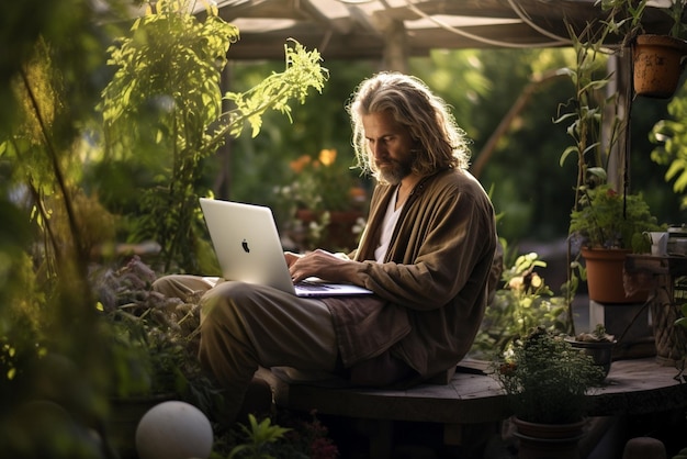 A man sitting on a table outside using a laptop