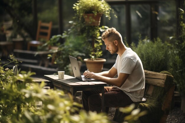 A man sitting on a table outside using a laptop