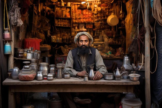 a man sitting at a table in a shop