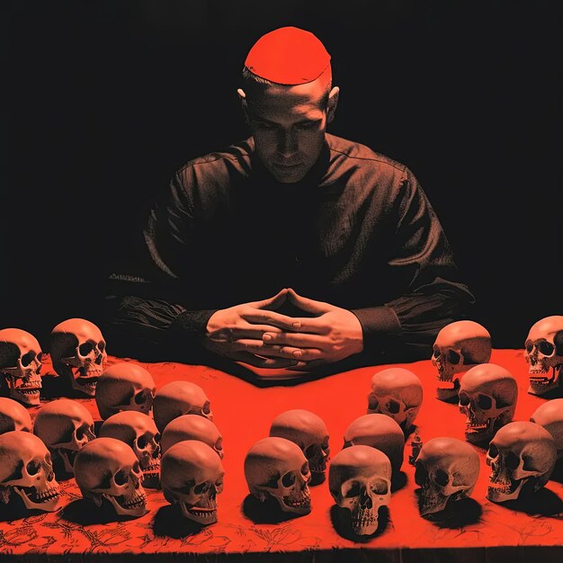 Photo a man sitting at a table surrounded by skulls