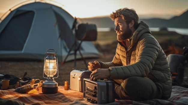 Man Sitting on Table Next to Tent