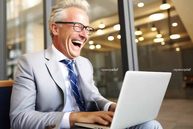 Photo a man sitting at a table using a laptop computer is captured in a moment of genuine laughter happy mature business man looking at laptop computer ai generated