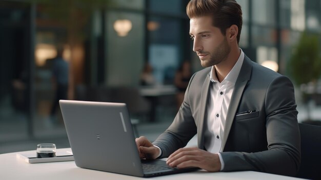 Photo man sitting at table using laptop computer