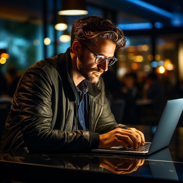 A man sitting at a table using a laptop computer