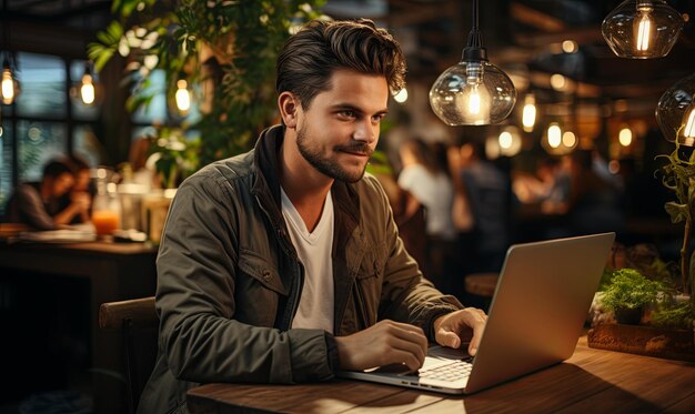 Man Sitting at Table Using Laptop Computer