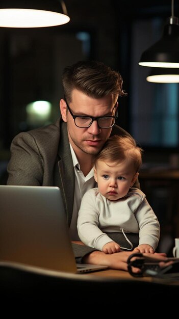 a man sitting at a table with a baby in front of a laptop